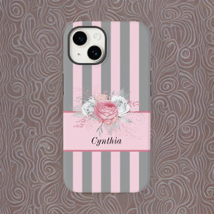 Elegante graue und rosa Streifen und Blume Case-Mate iPhone 14 Hülle