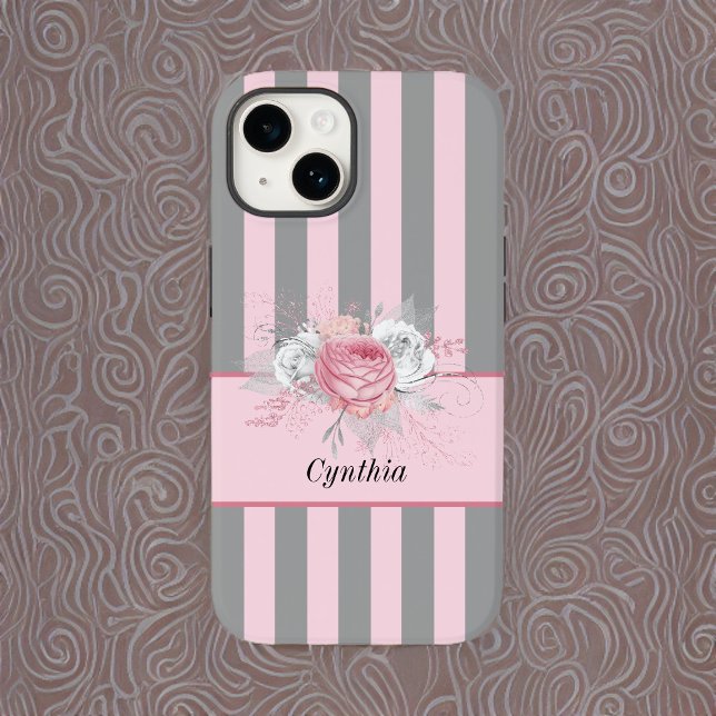 Elegante graue und rosa Streifen und Blume Case-Mate iPhone 14 Hülle (Von Creator hochgeladen)