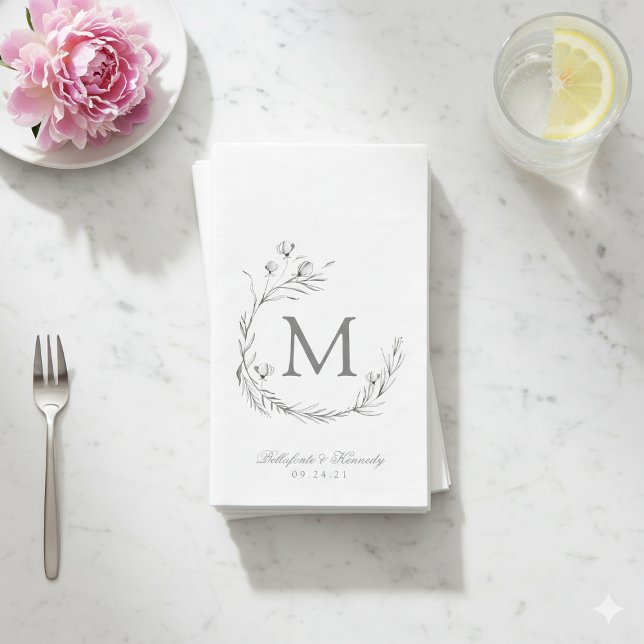 Elegante, graue, weiße, botanische Wraath-Hochzeit Serviette (Elegant Gray White Botanical Wreath Wedding Paper Guest Towels)