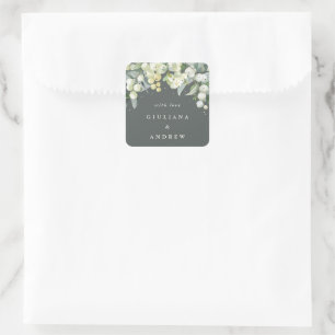 Elegante Graugrüne Schneebeere+Eukalyptus Hochzeit Quadratischer Aufkleber