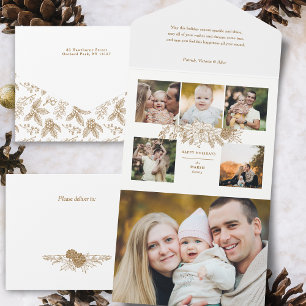 Elegante Graved Gold Christmas Floral 5-Foto All In One Einladung