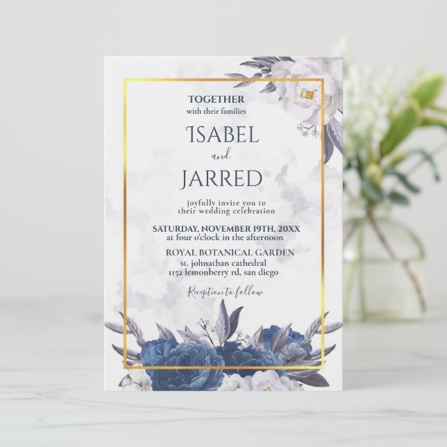 Elegante Gray Blue Peonies bei einer Hochzeit Einladung (Stehend Vorderseite)