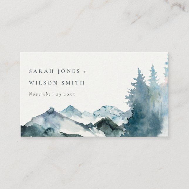 Elegante Gray Blush Blue Mountains Pine Wedding Platzkarte (Vorderseite)