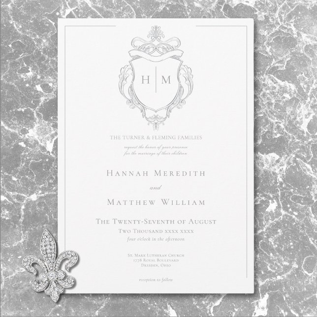Elegante Gray Chinoiserie Bird & Wappen Wedding Einladung (Von Creator hochgeladen)