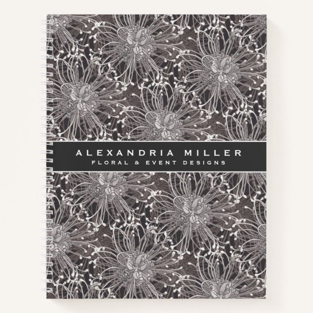 Elegante Gray Dandelion Blume | Name und Thema Notizbuch (Vorderseite)
