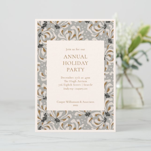 Elegante Gray Gold Botanical Office Holiday Party Einladung (Stehend Vorderseite)