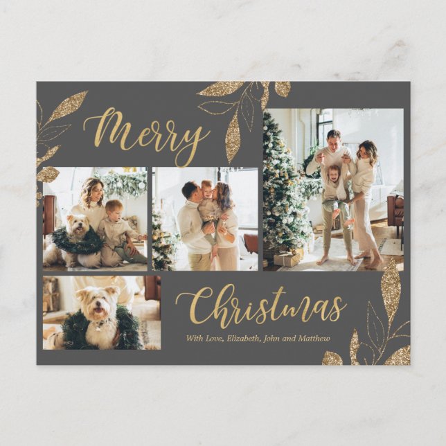 Elegante Gray Gold Foto Collage Weihnachten Postka Postkarte (Vorderseite)