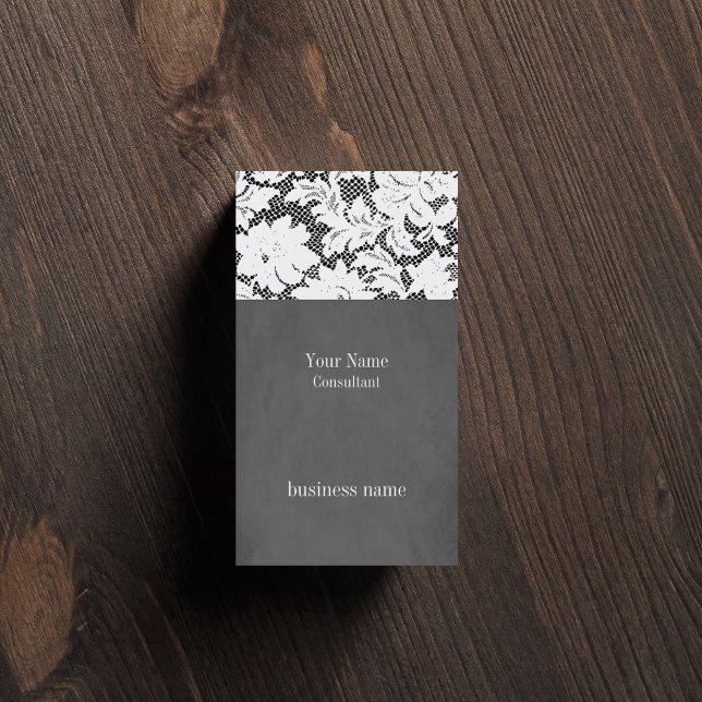 Elegante Gray Lace Consultant Business Card Visitenkarte (Von Creator hochgeladen)