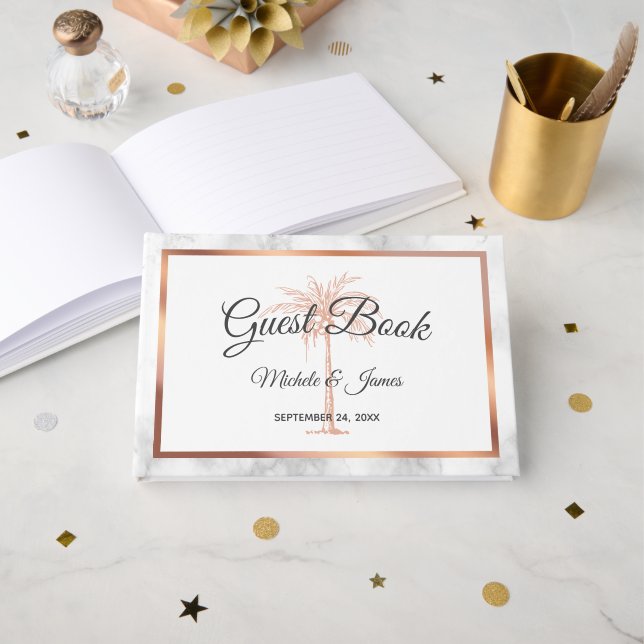 Elegante Gray Rose Gold Palm Tree Marmorhochzeit Gästebuch (Vorderseite Offen)
