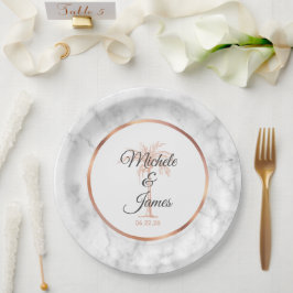 Elegante Gray Rose Gold Palm Tree Marmorhochzeit Pappteller