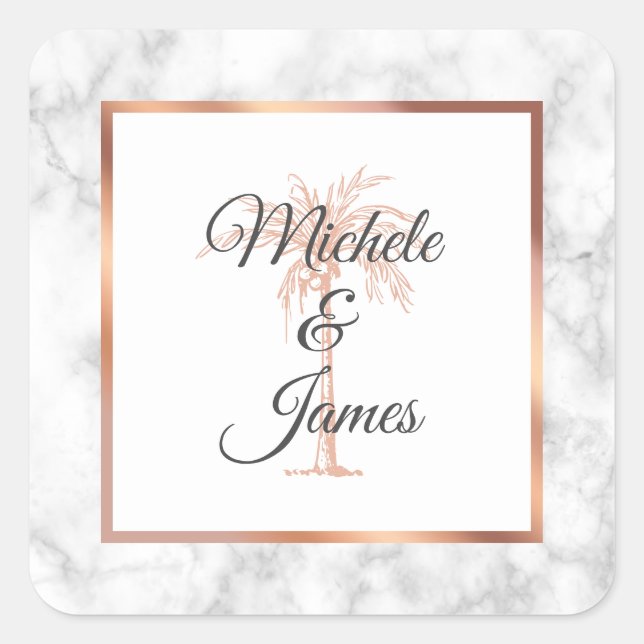 Elegante Gray Rose Gold Palm Tree Marmorhochzeit Quadratischer Aufkleber (Vorderseite)