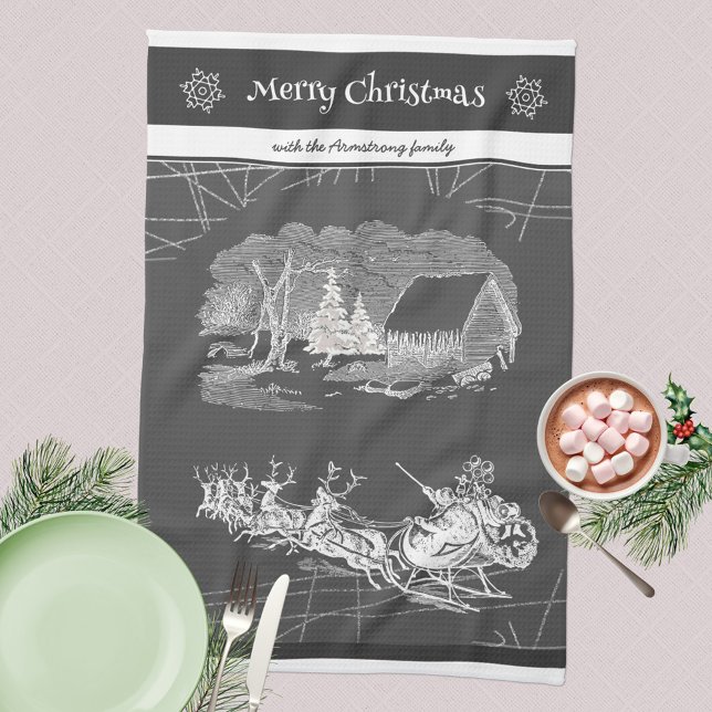 Elegante Gray Santa Claus Saisonaler Akzent Geschirrtuch (Merry Christmas 🎅🏻 Santa Sleigh Reindeers Gray Kitchen Towel ©Susanne Sachers - Sunny Mind Design )