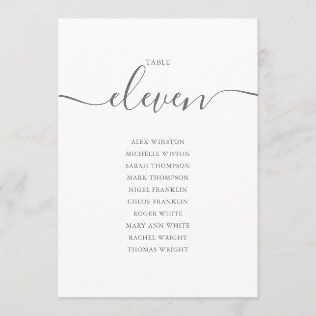 Elegante Gray Script Tischnummer 11 Seating Chart (Vorderseite)