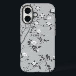 Elegante Gray Tree Blossom Personalisiert iPhone 16 Hülle<br><div class="desc">Elegante Farbtöne von grauen und weißen Blumen blühen Kunst.</div>