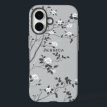 Elegante Gray Tree Blossom Personalisiert iPhone 16 Hülle<br><div class="desc">Elegante Farbtöne von grauen und weißen Blumen blühen Kunst.</div>
