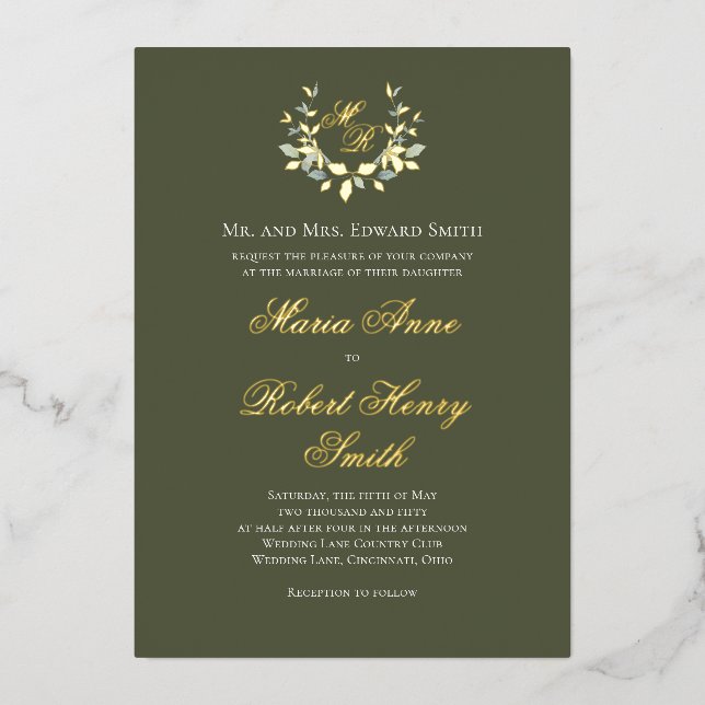 Elegante Green Calligraphy Gold Monogram Wedding Folieneinladung (Vorderseite)