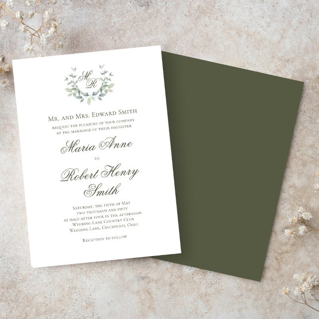 Elegante Green Calligraphy Script Monogram Wedding Einladung (Elegant green monogram and greenery motif wedding invitations. )