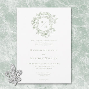 Elegante Green Chinoiserie Bird & Wappen Wedding Einladung