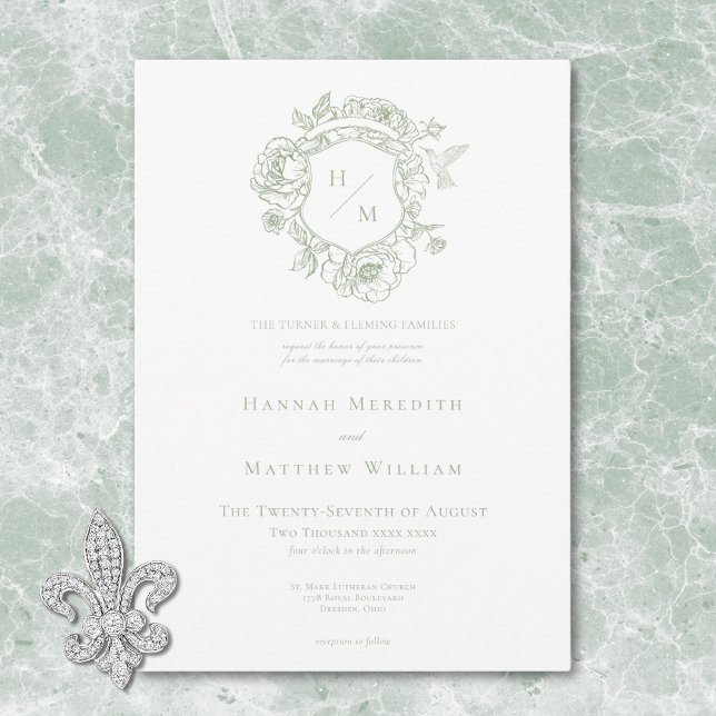 Elegante Green Chinoiserie Bird & Wappen Wedding Einladung (Elegant Green Chinoiserie Bird & Crest Wedding Invitation)