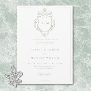 Elegante Green Chinoiserie Bird & Wappen Wedding Einladung
