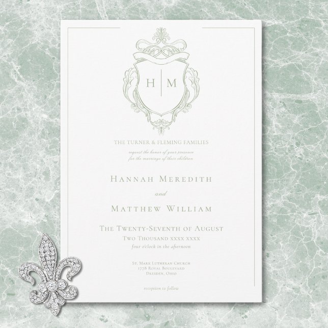 Elegante Green Chinoiserie Bird & Wappen Wedding Einladung (Elegant Green Chinoiserie Bird & Crest Wedding Invitation)