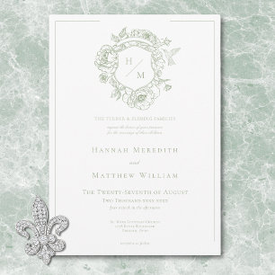 Elegante Green Chinoiserie Bird & Wappen Wedding Einladung