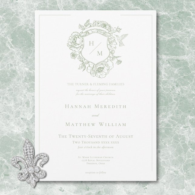 Elegante Green Chinoiserie Bird & Wappen Wedding Einladung (Elegant Green Chinoiserie Bird & Crest Wedding Invitation)