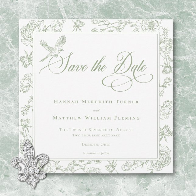 Elegante Green Chinoiserie Bird & Wappen Wedding Save The Date (Elegant Green Chinoiserie Bird & Crest Wedding Save The Date)