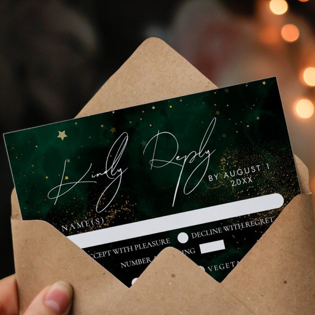 Elegante Green Dark Magic Gold Wedding RSVP Karte (Von Creator hochgeladen)