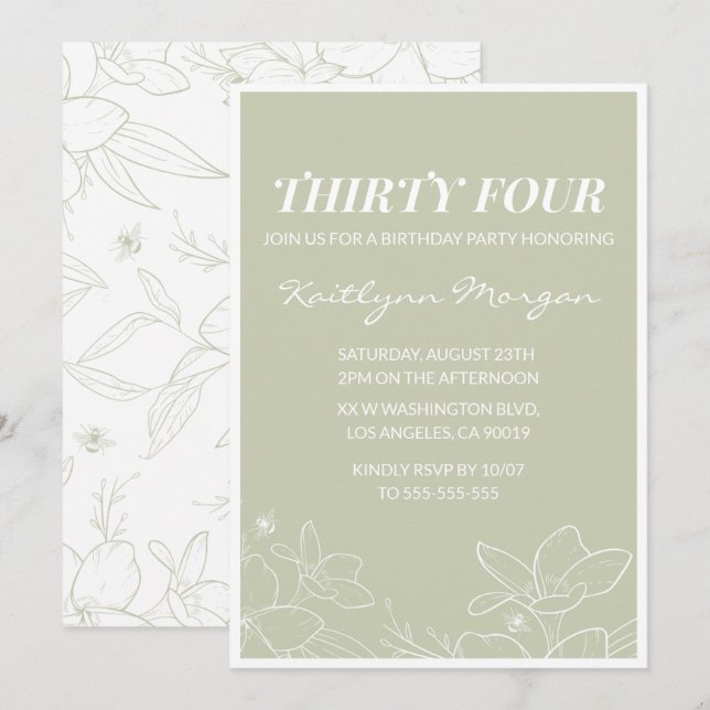 Elégante Green Floral 34e anniversaire invitations (Devant / Derrière)