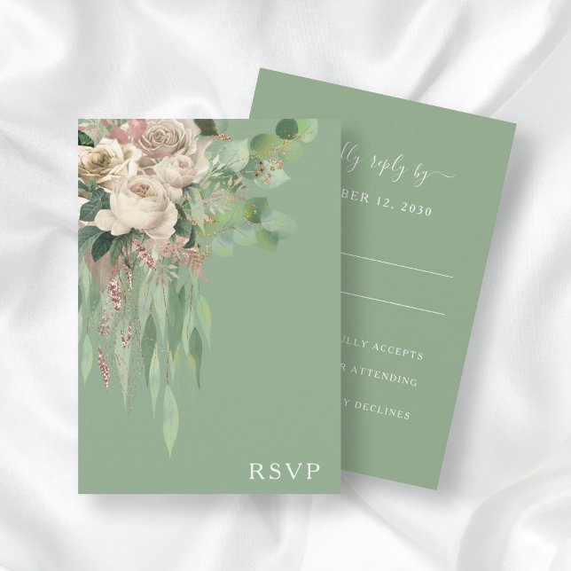 Elegante Green Floral Peonies Wedding RSVP Card (Von Creator hochgeladen)