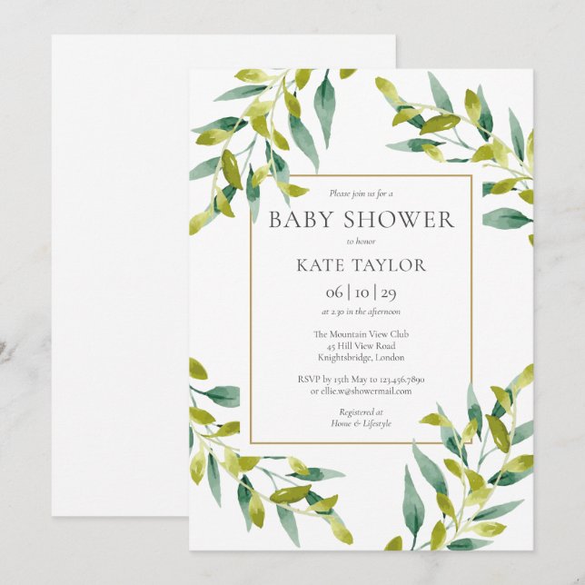 Elegante Green Foliage Baby Shower Einladung (Vorne/Hinten)