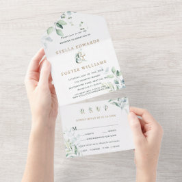 Elegante Green Foliage Gold Ampersand Hochzeit All In One Einladung