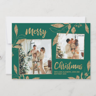 Elegante Green Gold Blätter 2 Foto Weihnachtskarte