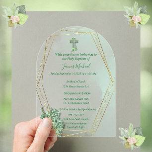 Elegante Green & Gold Cross Taufe Einladung