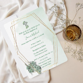 Elegante Green & Gold Cross Taufe Einladung
