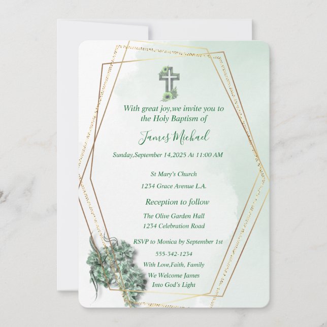 Elegante Green & Gold Cross Taufe Einladung (Vorderseite)