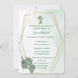Elegante Green & Gold Cross Taufe Einladung