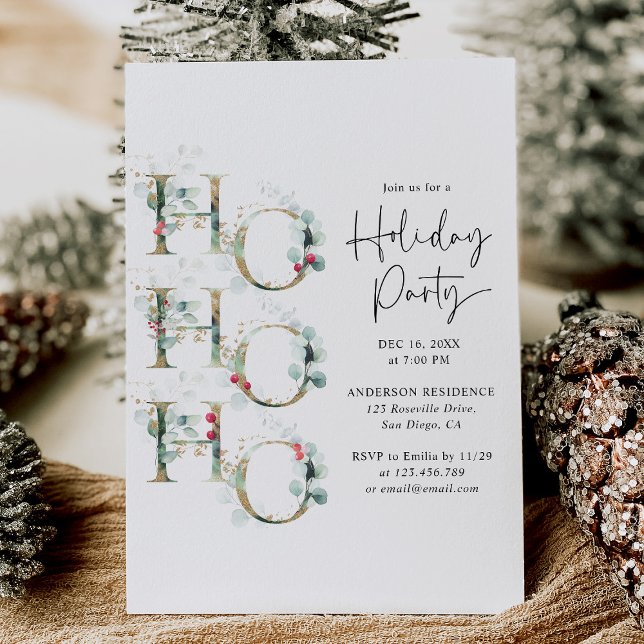 Elegante Green & Gold Ho Ho Ho Holiday Party Einladung (Von Creator hochgeladen)