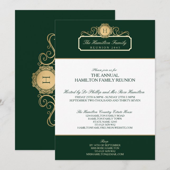 Elegante Green Gold Monogram Family Wiedersehen Einladung (Vorne/Hinten)