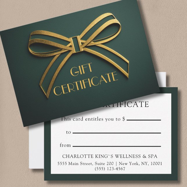 Elegante Green & Gold Ribbon Geschenkgutschein-Kar (Custom Elegant Green & Gold Ribbon Gift Certificate Card)