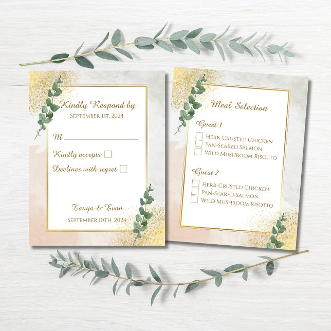 Elegante Green & Gold Wedding RSVP Response Card (Elegant Green & Gold Wedding RSVP & Meal Selection Enclosure Card)