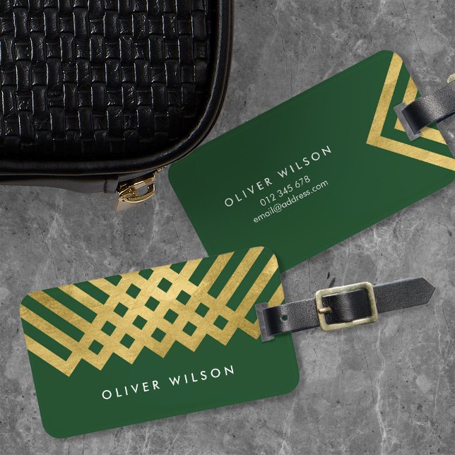 Elegante Green Imitats Gold Geometric Luggage Tag Gepäckanhänger (Von Creator hochgeladen)