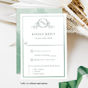 Elegante Green Monogram und Watercolor RSVP Card