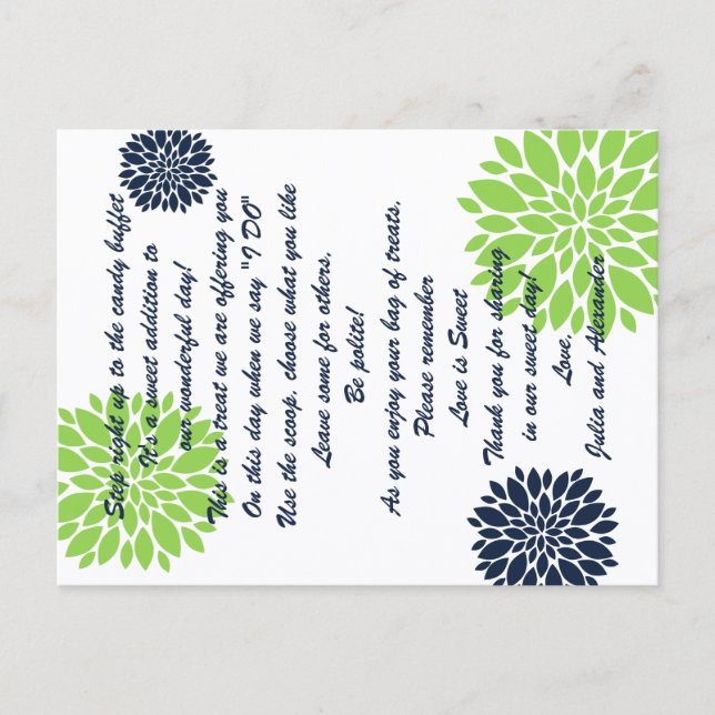 Elegante Green Navy Bloral Burst Candy Buffet Kart Postkarte (Vorderseite)