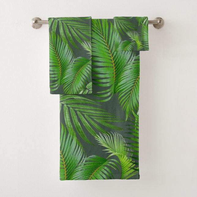 Elegante Green Palm Blätter auf Forest Green Badhandtuch Set (Insitu)