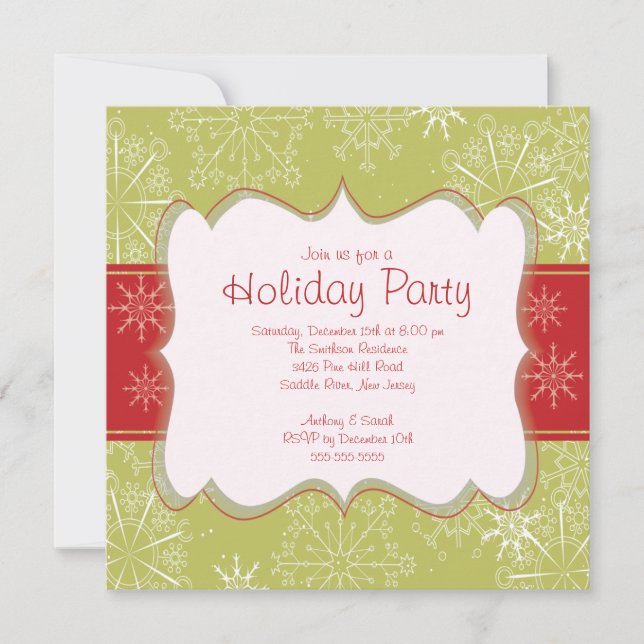 Elegante Green & Red Snowflakes Einladung (Vorderseite)