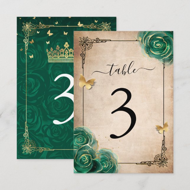Elegante Green Rose Gold Black Tischnummer Cards (Vorne/Hinten)