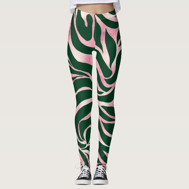 Elegante Green Rose Gold Glitzer Zebra Leggings (Vorderseite)