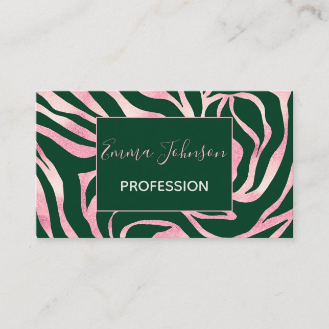 Elegante Green Rose Gold Glitzer Zebra Visitenkarte (Vorderseite)